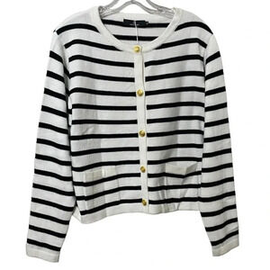 LILLUSORY Stripped Black White Crew Neck Jacket Patch Pockets Cardigan Sweaters